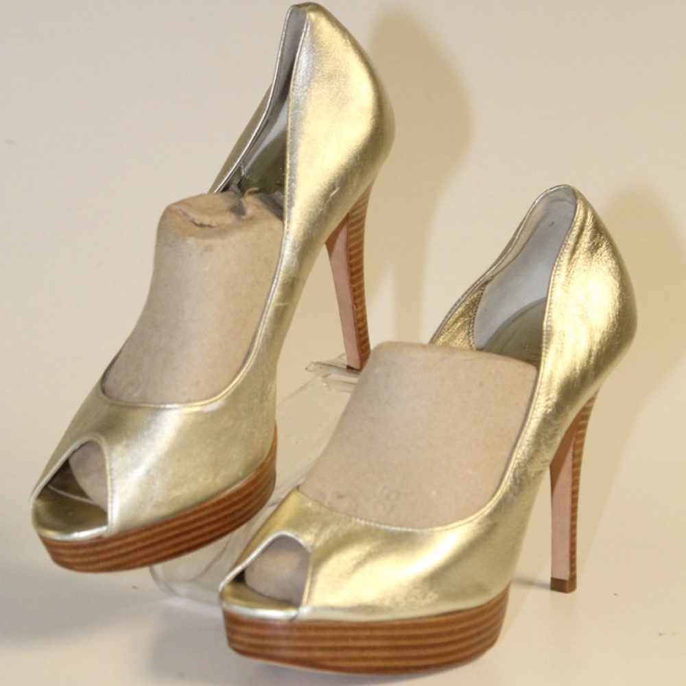 Cole Haan Gold Peep Toe Stiletto Platform Heels
